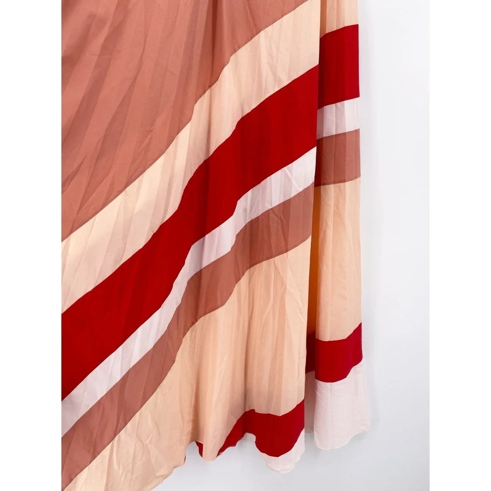 Tome Collective Dress 4 S Pleated Sleeveless Swing Stripe Maxi Pink Red V Neck - Picture 5 of 8